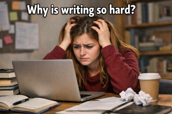 Stressed student holding her head while struggling to write on a laptop, surrounded by books and notes, with the text 'Why is writing so hard?' displayed above.
