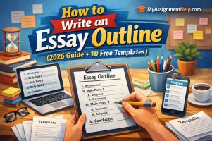 How to write an essay outline guide with templates, notebook, laptop, and stationery on a study desk