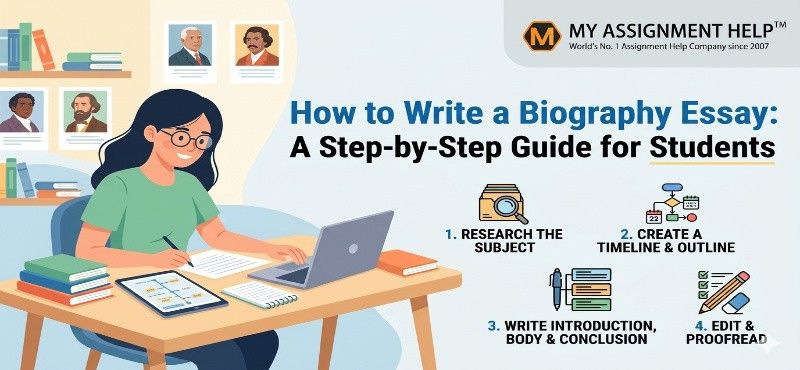 A student writing a biography essay at her desk, featuring a step-by-step guide and the MyAssignmentHelp logo.