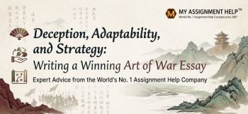 An educational banner titled "Deception, Adaptability, and Strategy: Writing a Winning Art of War Essay" featuring traditional Chinese brush painting landscapes and the My Assignment Help logo in the top right corner.