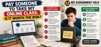 Student considering whether to pay someone to take an online class, with online learning dashboard, risk factors, and academic success tips.