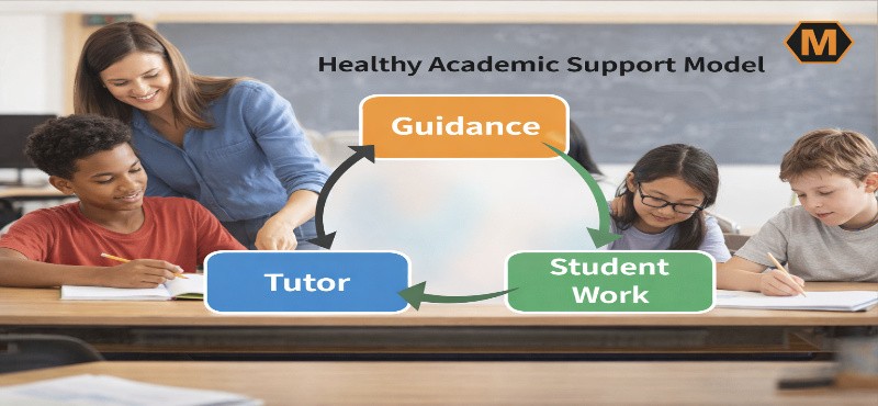 Healthy academic support model showing tutor guidance leading to independent student work in a classroom setting