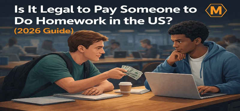 Is it legal to pay someone to do homework in the US illustration showing student paying another student for assignment help