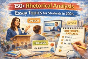 Illustration of rhetorical analysis essay topics with speech, editorial, and notes showing ethos, logos, and pathos concepts.