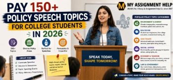 Policy speech topics banner featuring a student speaker at a podium, policy categories, and public speaking ideas for college students.