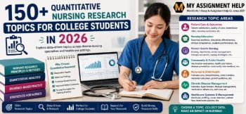 Quantitative nursing research topics banner featuring a nurse, healthcare data charts, research categories, and evidence-based nursing concepts.