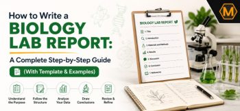 Educational banner showing a biology lab report template on a clipboard beside a microscope, laboratory glassware, plant samples, and the title "How to Write a Biology Lab Report: A Complete Step-by-Step Guide (With Template & Examples)" with a logo in the top-right corner.