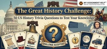 A colorful illustration featuring the US Capitol, historical icons, and trivia cards titled, "The Great History Challenge: 50 US History Trivia."