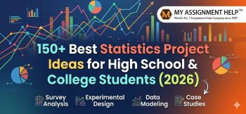 A digital banner titled "150+ Best Statistics Project Ideas for High School & College Students (2026)" featuring vibrant data graphs, pie charts, and the logo.png in the top right corner. The bottom highlights categories like Survey Analysis, Experimental Design, Data Modeling, and Case Studies on a dark blue and orange gradient background.