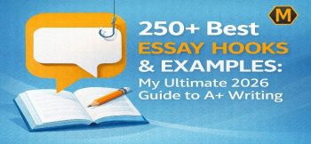 An educational banner titled "250+ Best Essay Hooks & Examples" featuring an open notebook, a pencil, and a fishing hook.