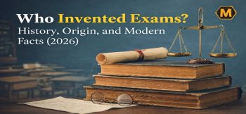 Who invented exams concept with books scroll and justice scale showing history origin and modern education system