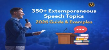 350+ extemporaneous speech topics 2026 guide showing a speaker holding a microphone with podium books and speech icons