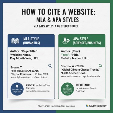 Explaining how to cite a website in MLA and APA styles for US students, showing citation formats, examples, and tips for missing authors or years.