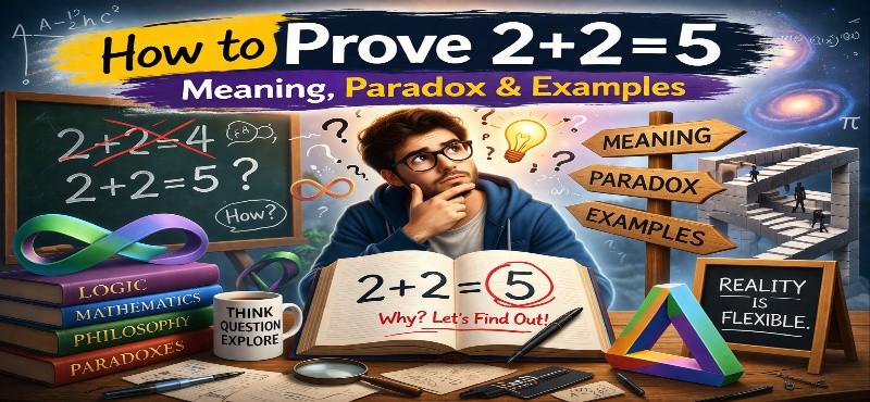 Illustration explaining the paradox of 2+2=5 with chalkboard
