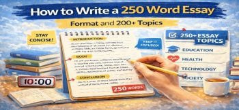 Illustration of writing a 250 word essay with notebook showing introduction, body, conclusion format and list of essay topics.