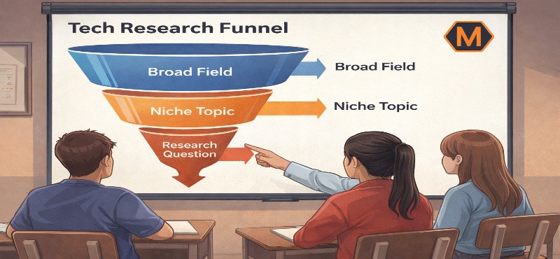 Illustration of a tech research funnel showing progression from broad field to niche topic to specific research question, presented to students in a classroom setting