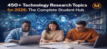 Students researching technology topics on laptops and notebooks with AI and digital icons in background