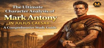 A study guide banner titled "The Ultimate Character Analysis of Mark Antony in Julius Caesar," featuring a digital illustration of a Roman soldier in ornate golden armor against a backdrop of ancient ruins at sunset.