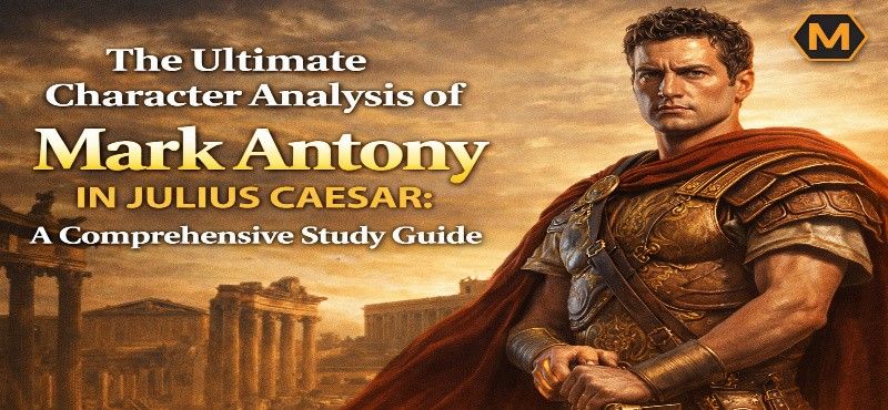A study guide banner titled "The Ultimate Character Analysis of Mark Antony in Julius Caesar," featuring a digital illustration of a Roman soldier in ornate golden armor against a backdrop of ancient ruins at sunset.