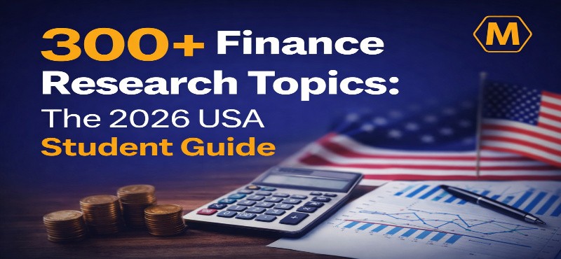 300+ finance research topics 2026 USA student guide with calculator coins and stock chart