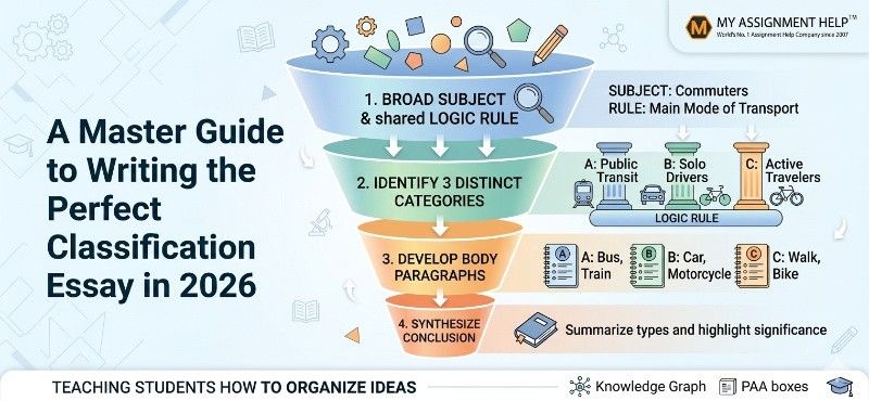 Master guide to writing the perfect classification essay in 2026 featuring a 4-step logical funnel for students.