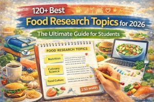 Illustration of food research topics with notebook, healthy foods, laptop showing salad, and categories like nutrition and culinary science.