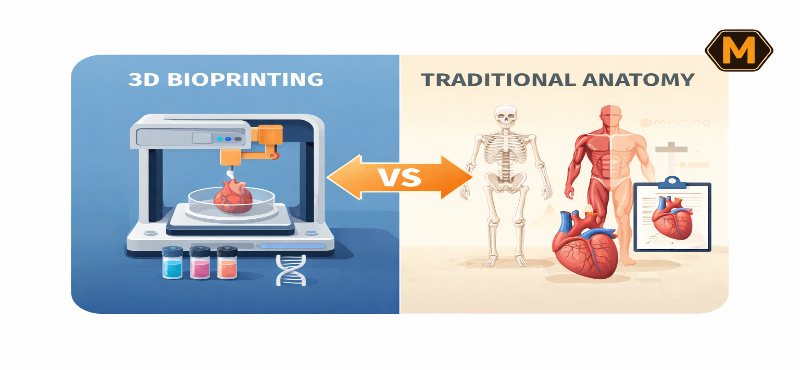 3D bioprinting vs traditional anatomy diagram showing modern medical technology and human body study methods