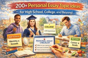 Illustration of personal essay topics with students writing, notebook ideas, and themes like life experiences, goals, and self-reflection.