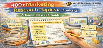 Illustration of marketing research topics with notebook, digital marketing, consumer behavior, branding strategy, and analytics dashboard.