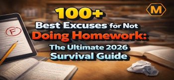 Blog banner featuring "100+ Best Excuses for Not Doing Homework" text, a tablet with an "F" grade, and textbooks.