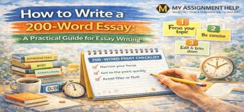 Illustration of writing a 200-word essay with notebook showing introduction, body, conclusion structure and writing tips.