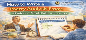 Illustration of poetry analysis essay with professor guiding student, notebook showing thesis, poetic devices, and theme.