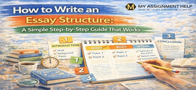 Illustration of essay structure with introduction, body, conclusion steps and notebook showing step-by-step writing guide.