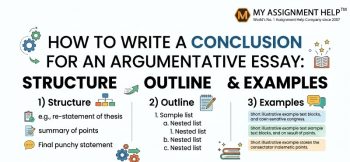 An educational infographic detailing how to write a conclusion for an argumentative essay, featuring three sections on structure, outline, and examples, with a corporate logo in the top right corner.