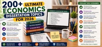 Economics dissertation topics guide featuring economic research themes, financial charts, market analysis, and academic study resources.