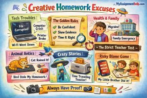 An infographic showing creative homework excuses, including tech issues, animal antics, health problems, and funny stories, with tips for delivering excuses confidently.