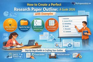 Research paper outline showing structured sections like introduction, literature review, methodology, results, discussion, and conclusion to help students organize academic writing – MyAssignmentHelp.com