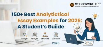 My Assignment Help guide: 150+ analytical essay examples for 2026, with research icons and a student working on analytics.