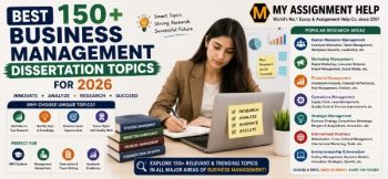 Business management dissertation topics banner featuring a student researcher, business analytics, management books, and dissertation research areas.