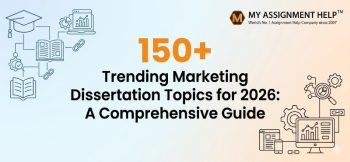 A digital guide cover showing educational icons and the title: 150+ Trending Marketing Dissertation Topics for 2026