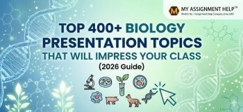 A professional graphic featuring the title "Top 400+ Biology Presentation Topics (2026 Guide)" with scientific illustrations and the company logo.