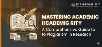A professional graphic titled "Mastering Academic Integrity" featuring an open book, quill, and magnifying glass against a dark background.