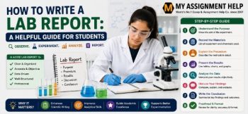 Lab report writing guide featuring a student in a laboratory, scientific equipment, report structure, and step-by-step writing process.