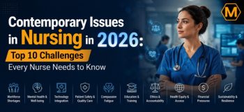 Professional nurse standing in a modern hospital environment beside the headline “Contemporary Issues in Nursing in 2026: Top 10 Challenges Every Nurse Needs to Know,” with icons representing workforce shortages, mental health, technology integration, patient safety, education, ethics, health equity, financial pressures, and sustainability. Company logo displayed in the top-right corner.