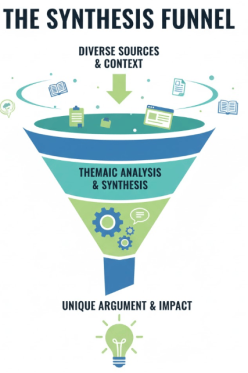 A synthesis essay structure diagram showing the 'Synthesis Funnel' moving from diverse sources to thematic analysis and a unique argument.
