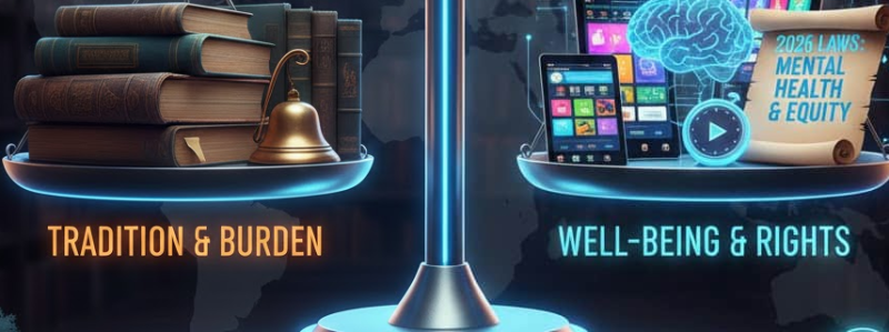 Illustration showing a balance scale weighing traditional homework practices against student well-being, mental health, and legal rights, questioning whether homework is illegal in 2026, MyAssignmenthelp.com