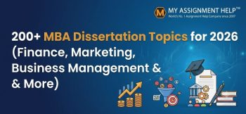 A professional blue banner titled 200+ MBA Dissertation Topics for 2026 with icons for finance, marketing, and business management alongside the logo.png logo.