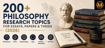Academic philosophy banner featuring the title "200+ Philosophy Research Topics for Essays, Papers & Thesis (2026)," a philosopher bust, philosophy books, notebook, and research topic icons with a logo in the top-right corner.
