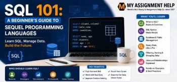 SQL beginner guide banner featuring database icons, SQL queries on a laptop screen, and data management concepts.