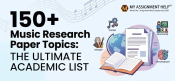 Graphic for 150+ music research paper topics including categories like music history, theory, psychology, and education for students.